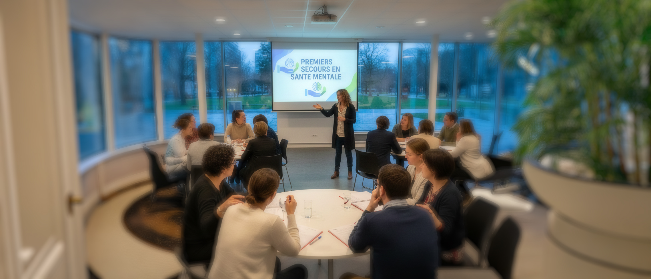 salle de réunion autour du thème des premiers secours en santé mentale. 16 participants et une animatrice, un écran avec vidéoprojecteur. Baie vitrée de la salle donnant sur des espaces verts communs aux immeubles de bureaux.