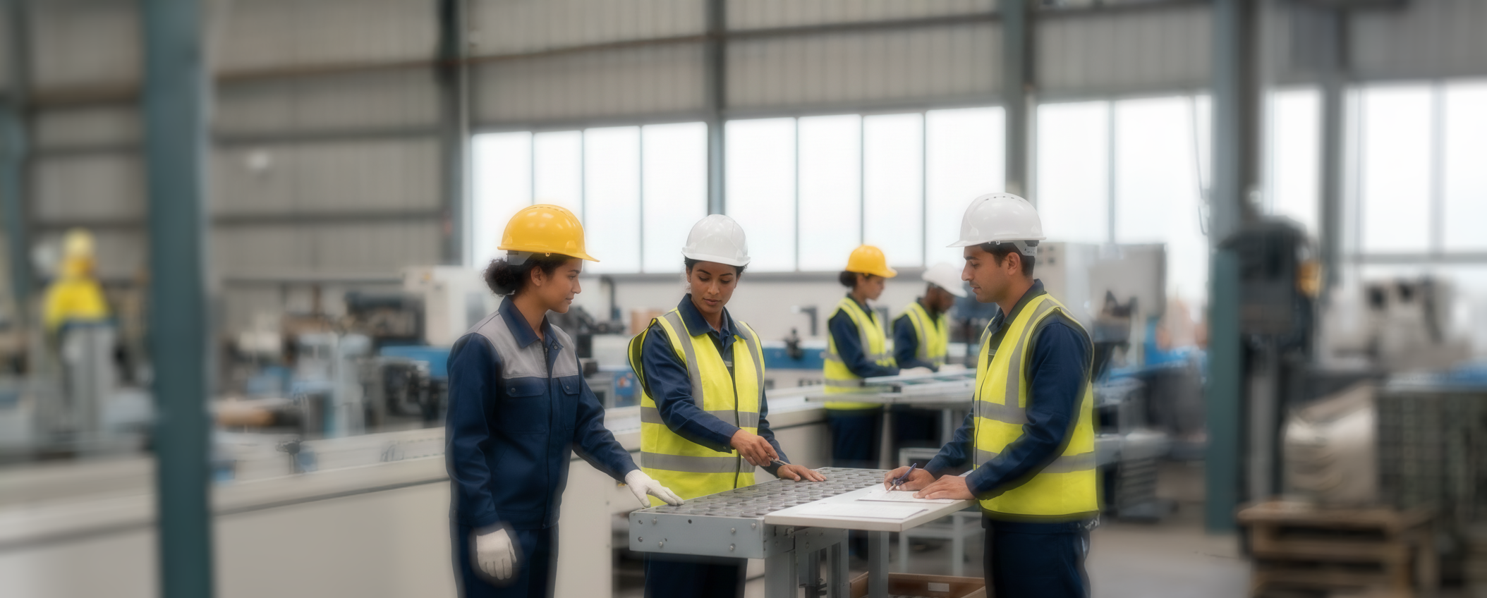 Salariés en tenue de travail EPI au milieu d'un atelier de production en usine.